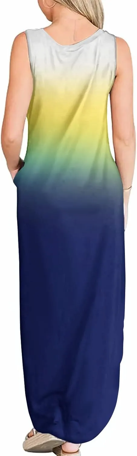 FANDEE Women's Casual Summer Loose Sunresses Long Dresses Sleeveless Split Maxi Beach Dress with Pockets