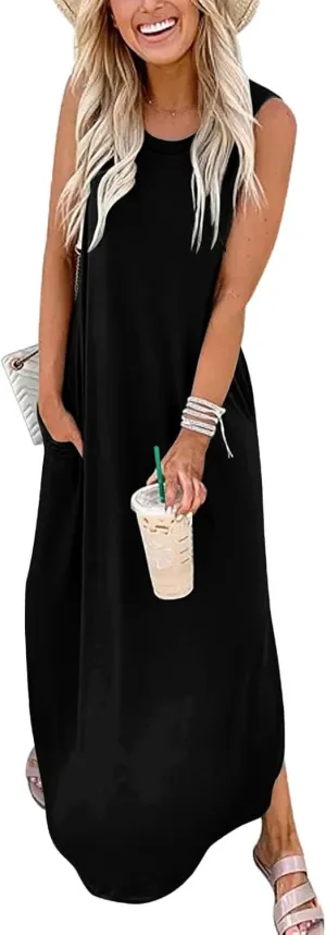 FANDEE Women's Casual Summer Loose Sunresses Long Dresses Sleeveless Split Maxi Beach Dress with Pockets