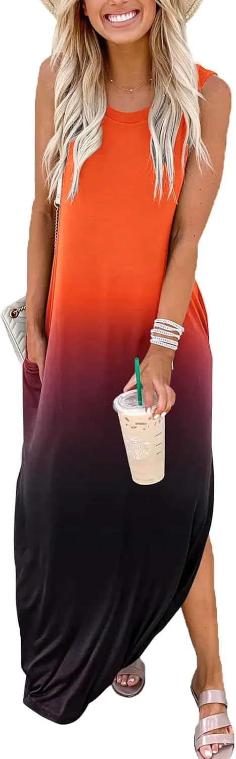 FANDEE Women's Casual Summer Loose Sunresses Long Dresses Sleeveless Split Maxi Beach Dress with Pockets