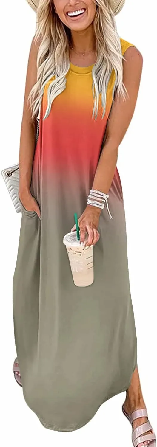 FANDEE Women's Casual Summer Loose Sunresses Long Dresses Sleeveless Split Maxi Beach Dress with Pockets