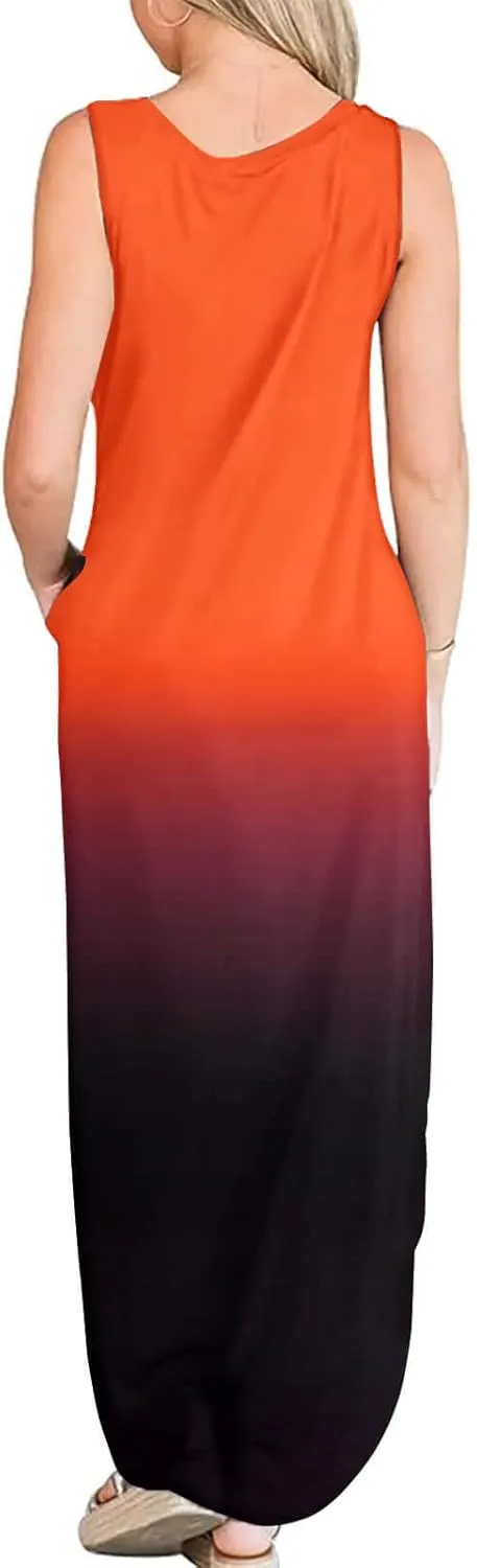 FANDEE Women's Casual Summer Loose Sunresses Long Dresses Sleeveless Split Maxi Beach Dress with Pockets