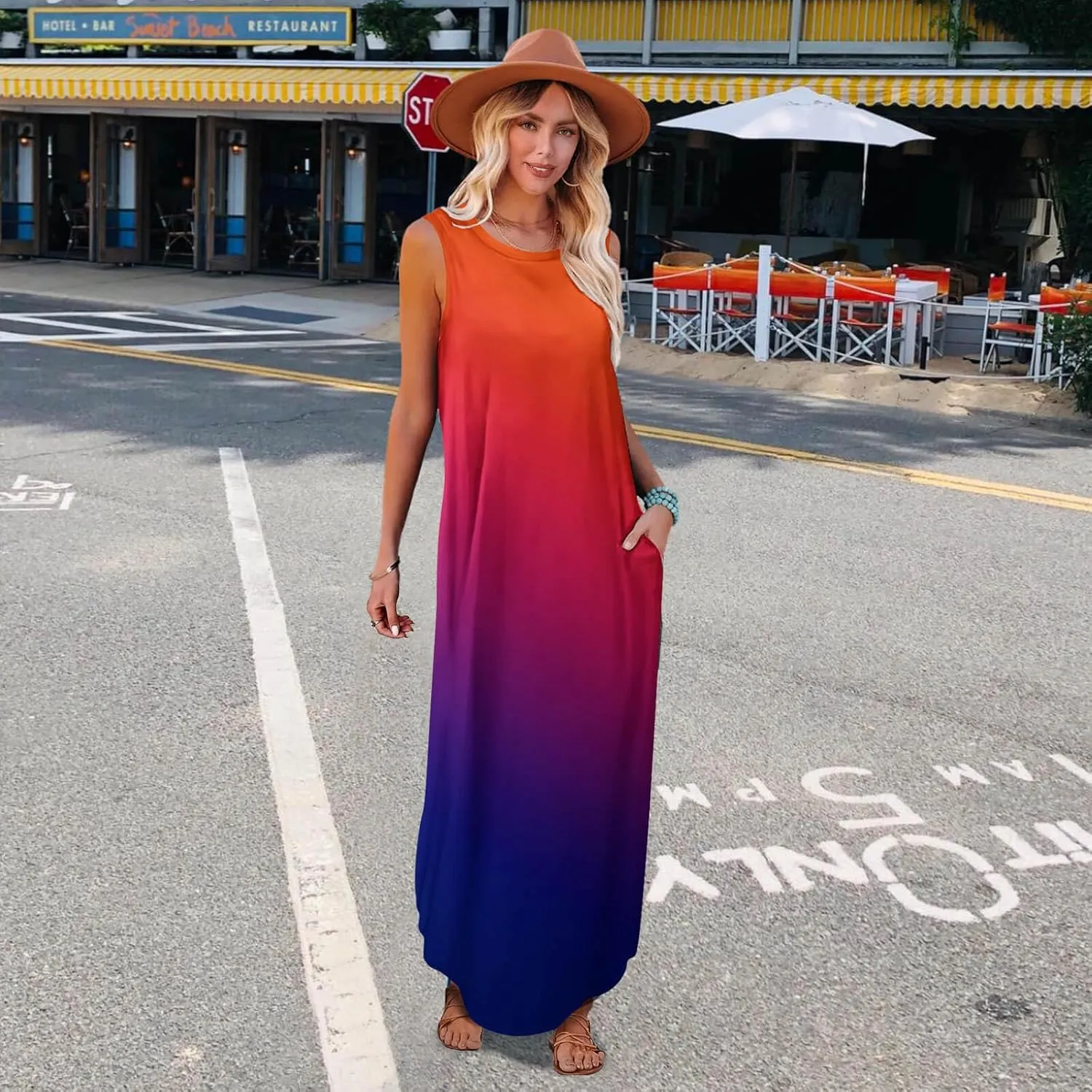 FANDEE Women's Casual Summer Loose Sunresses Long Dresses Sleeveless Split Maxi Beach Dress with Pockets