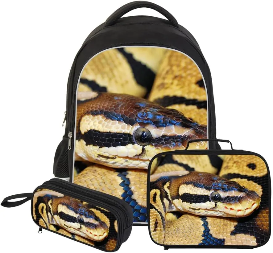 Fashion Snake Print School Backpack Bookbag Lunch Box Pencil Pouch