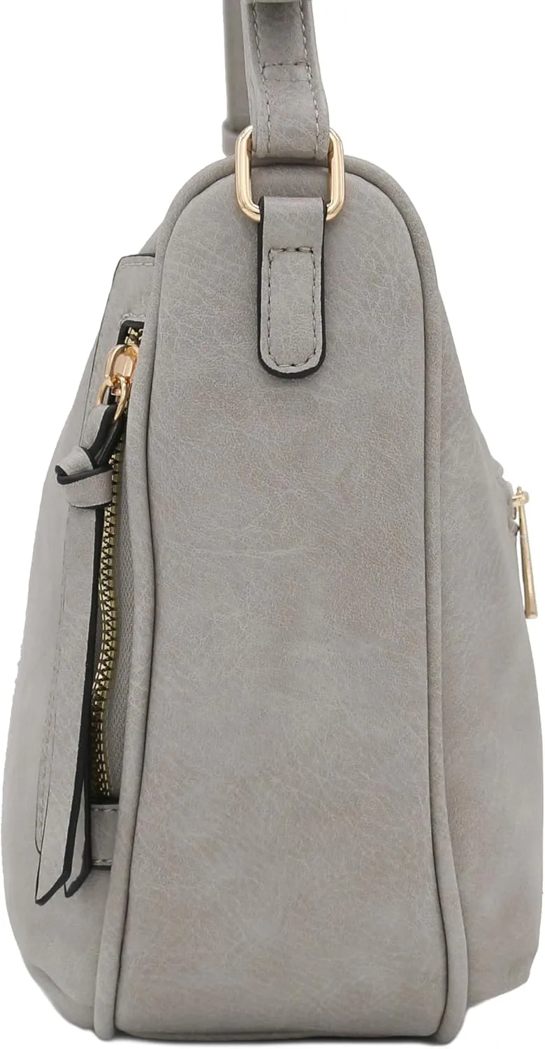FashionPuzzle Faux Leather Two Front Zipper Pocket Crossbody Saddle Bag (Light Grey)