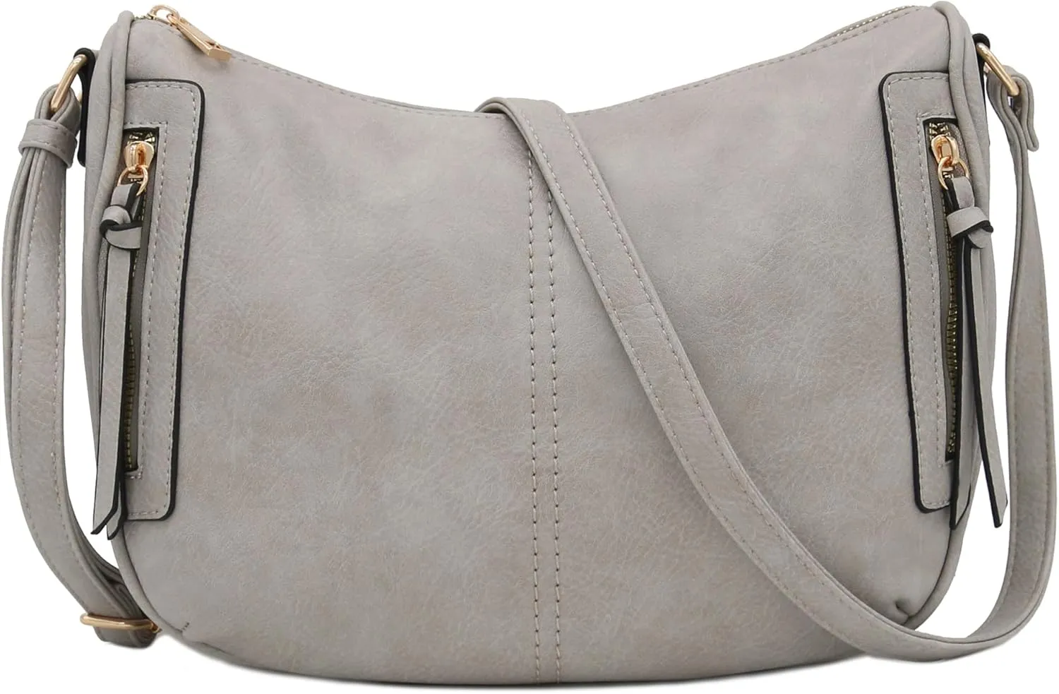FashionPuzzle Faux Leather Two Front Zipper Pocket Crossbody Saddle Bag (Light Grey)