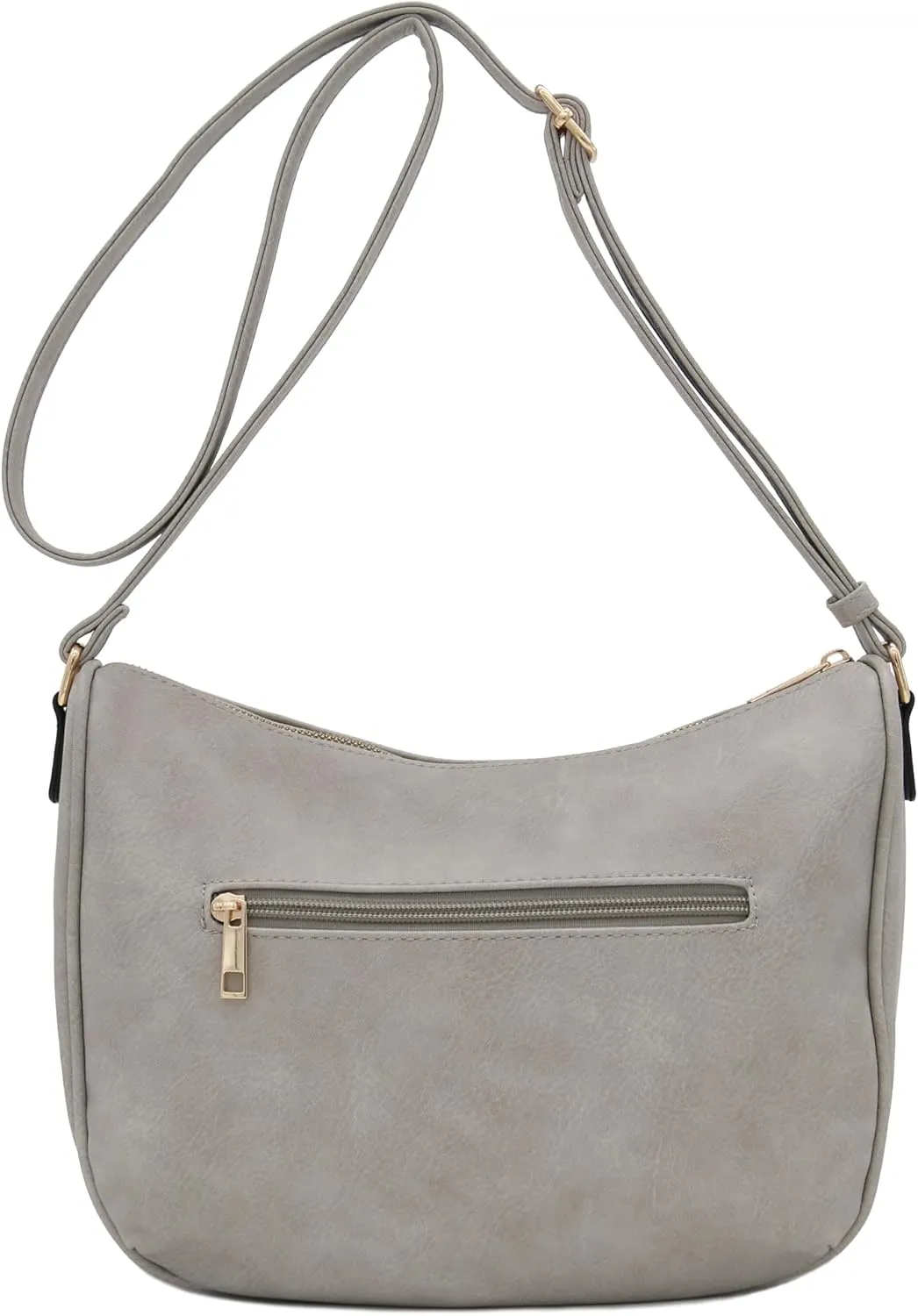 FashionPuzzle Faux Leather Two Front Zipper Pocket Crossbody Saddle Bag (Light Grey)