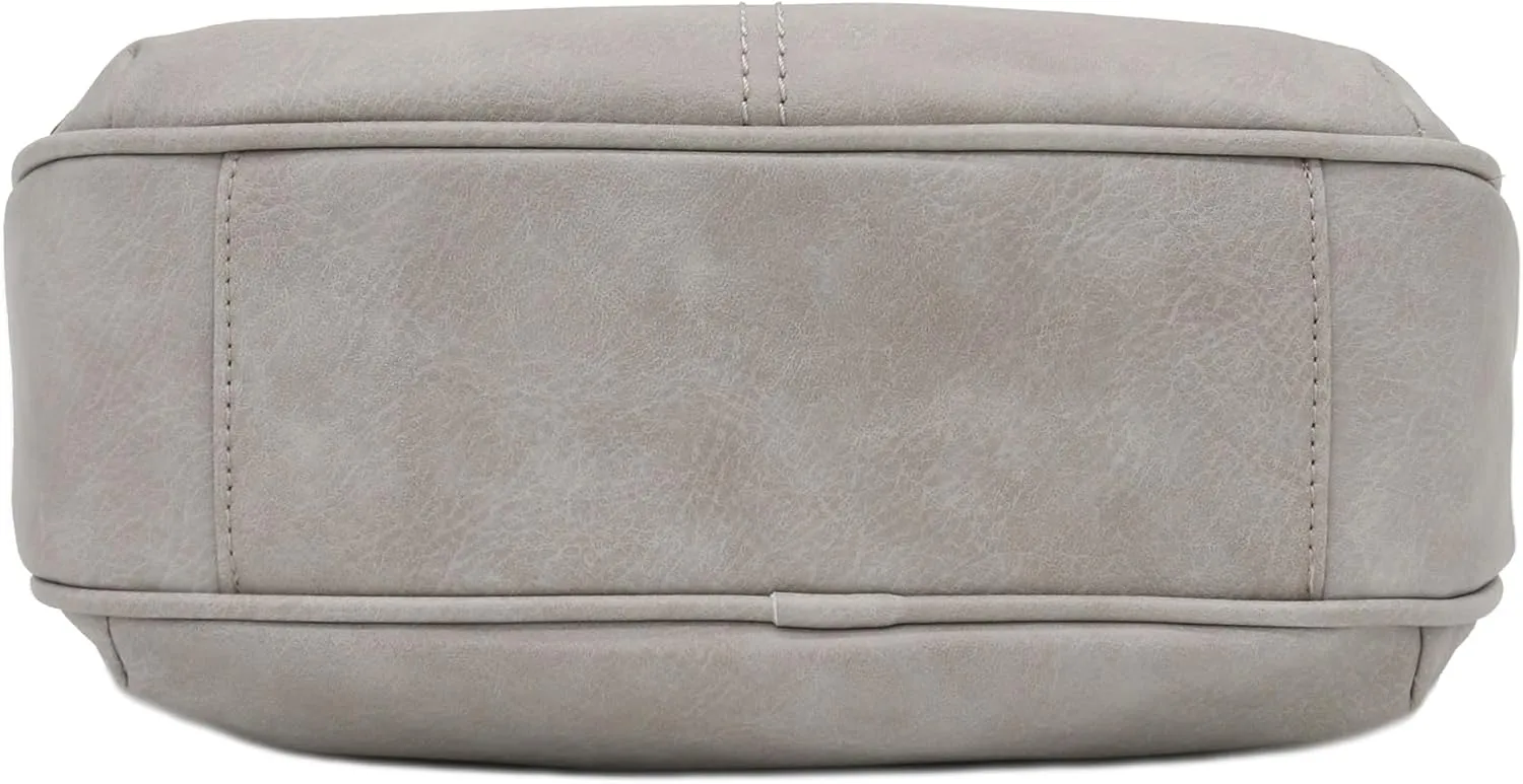 FashionPuzzle Faux Leather Two Front Zipper Pocket Crossbody Saddle Bag (Light Grey)