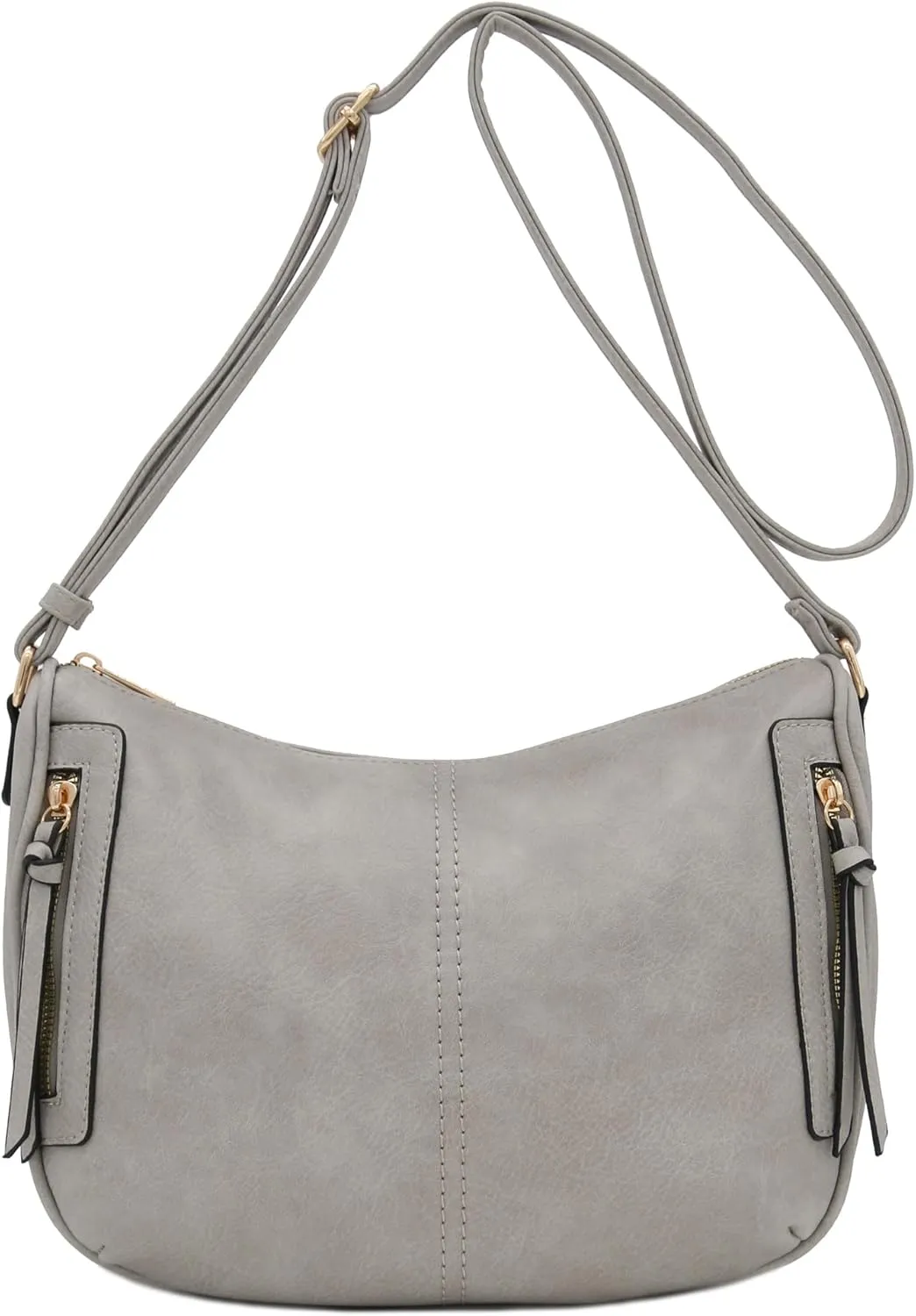 FashionPuzzle Faux Leather Two Front Zipper Pocket Crossbody Saddle Bag (Light Grey)