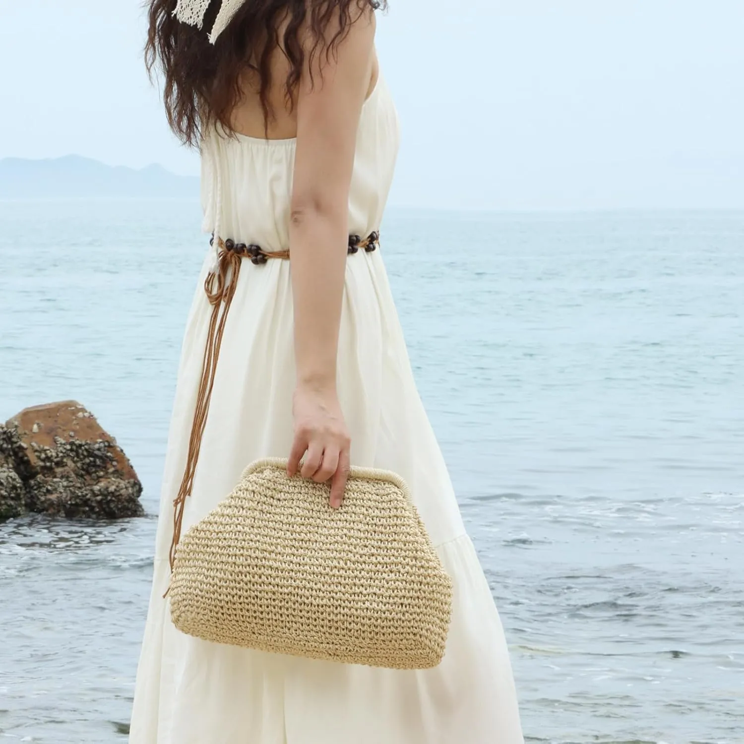 Fecialy Straw Clutch Purses for Women Woven Dumpling Handbag Summer Beach Clutch Wicker Raffia Crossbody Purses