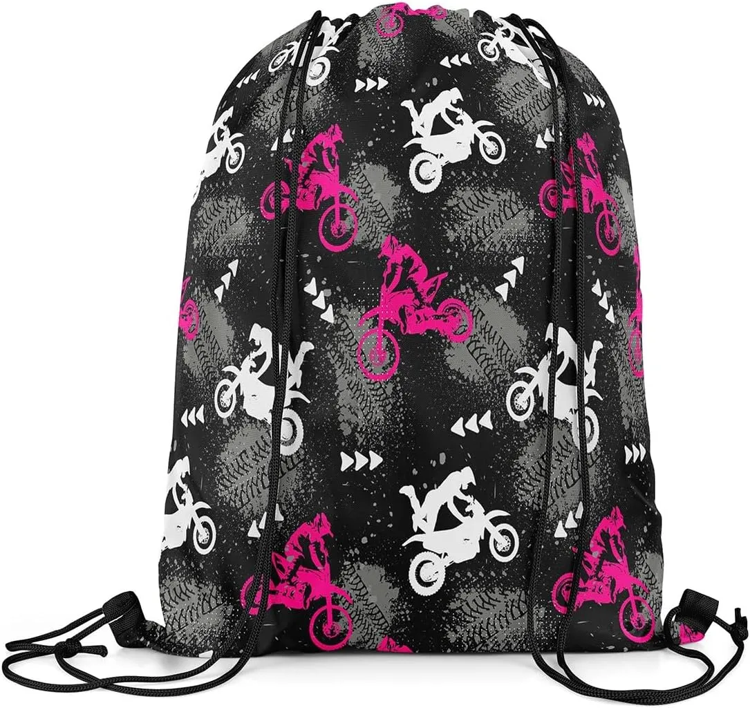 Feelyou Dirt Bike Drawstring Bags Extreme Sports Sports Gym String Bag Motocross Rider Drawstring Backpack Pink Motorcycle 13"x15.7"