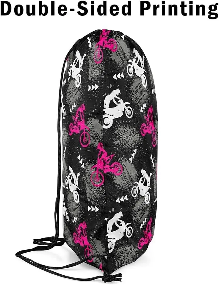 Feelyou Dirt Bike Drawstring Bags Extreme Sports Sports Gym String Bag Motocross Rider Drawstring Backpack Pink Motorcycle 13"x15.7"