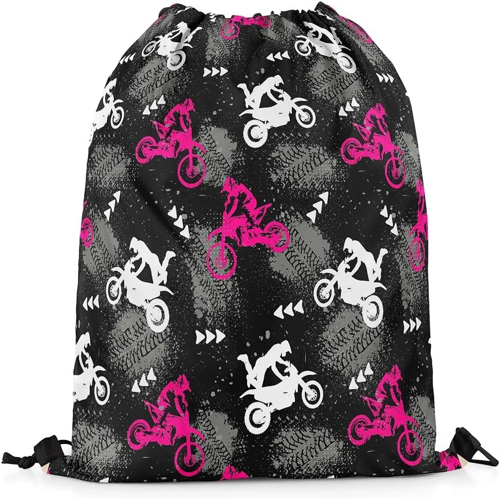 Feelyou Dirt Bike Drawstring Bags Extreme Sports Sports Gym String Bag Motocross Rider Drawstring Backpack Pink Motorcycle 13"x15.7"