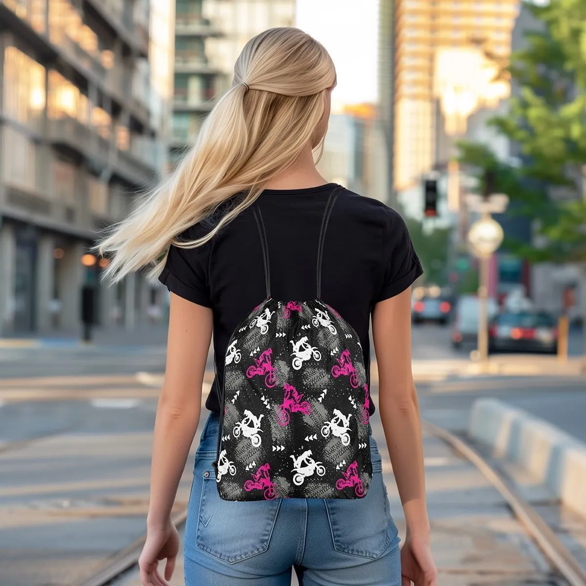 Feelyou Dirt Bike Drawstring Bags Extreme Sports Sports Gym String Bag Motocross Rider Drawstring Backpack Pink Motorcycle 13"x15.7"