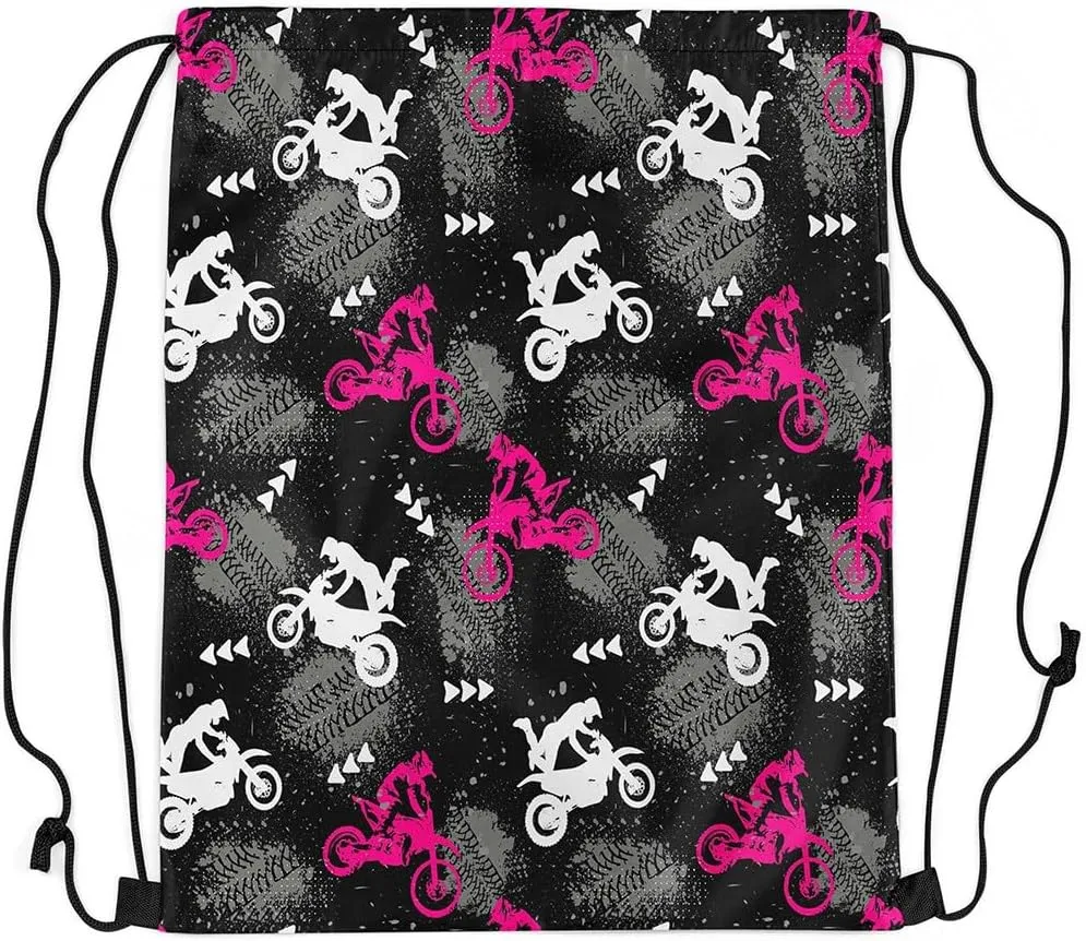 Feelyou Dirt Bike Drawstring Bags Extreme Sports Sports Gym String Bag Motocross Rider Drawstring Backpack Pink Motorcycle 13"x15.7"