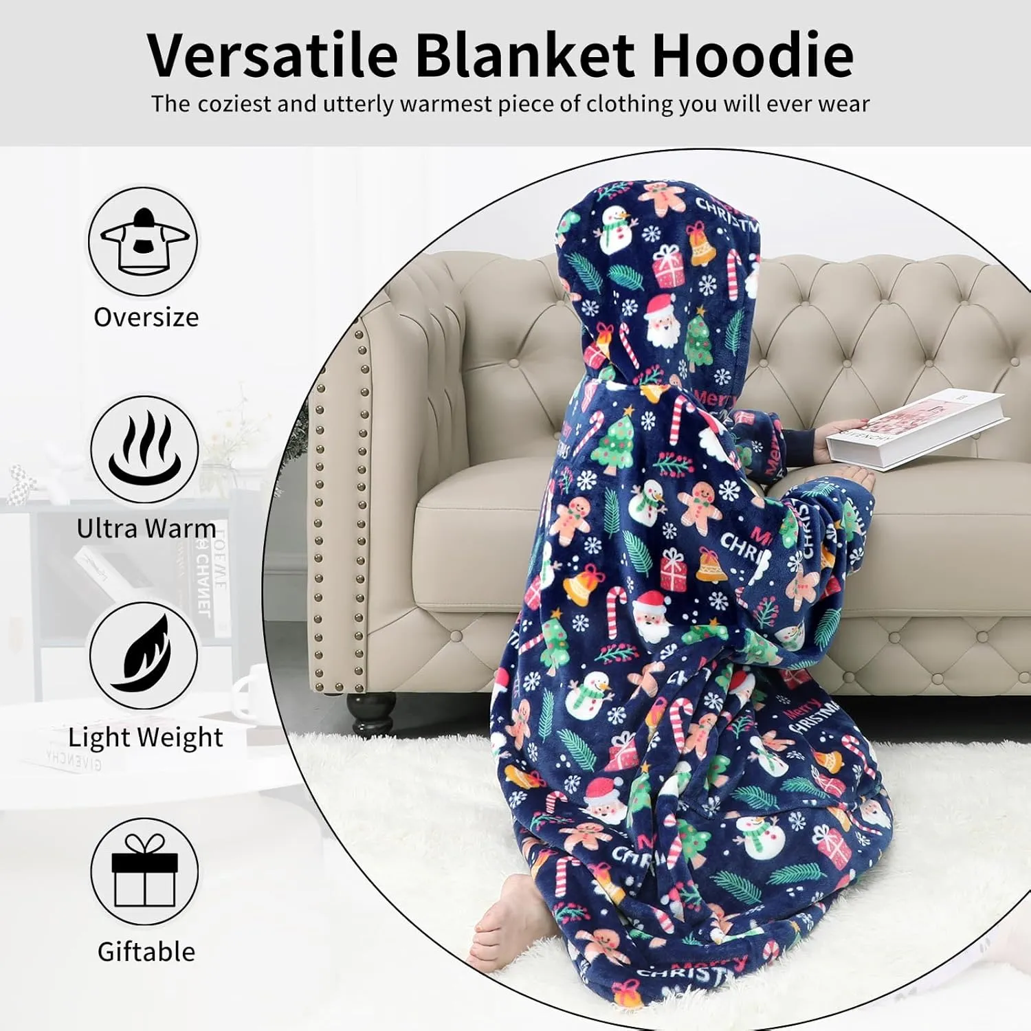 FestiCorp Oversized Blanket Hoodie for Adults - Extra Long Wearable Sweatshirt with Giant Sleeve, Hood and Pocket