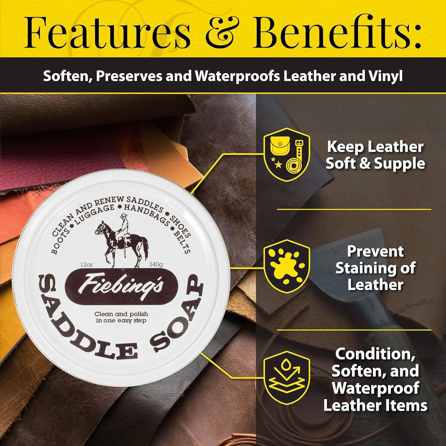 Fiebing's White Saddle Soap for Leather (12 oz Tin) - Leather Cleaner & Conditioner to Soften, Protect & Restore Leathercraft - Leather Soap for Car Seat, Couch, Shoe, Purse, Boot, Bag, & Saddles