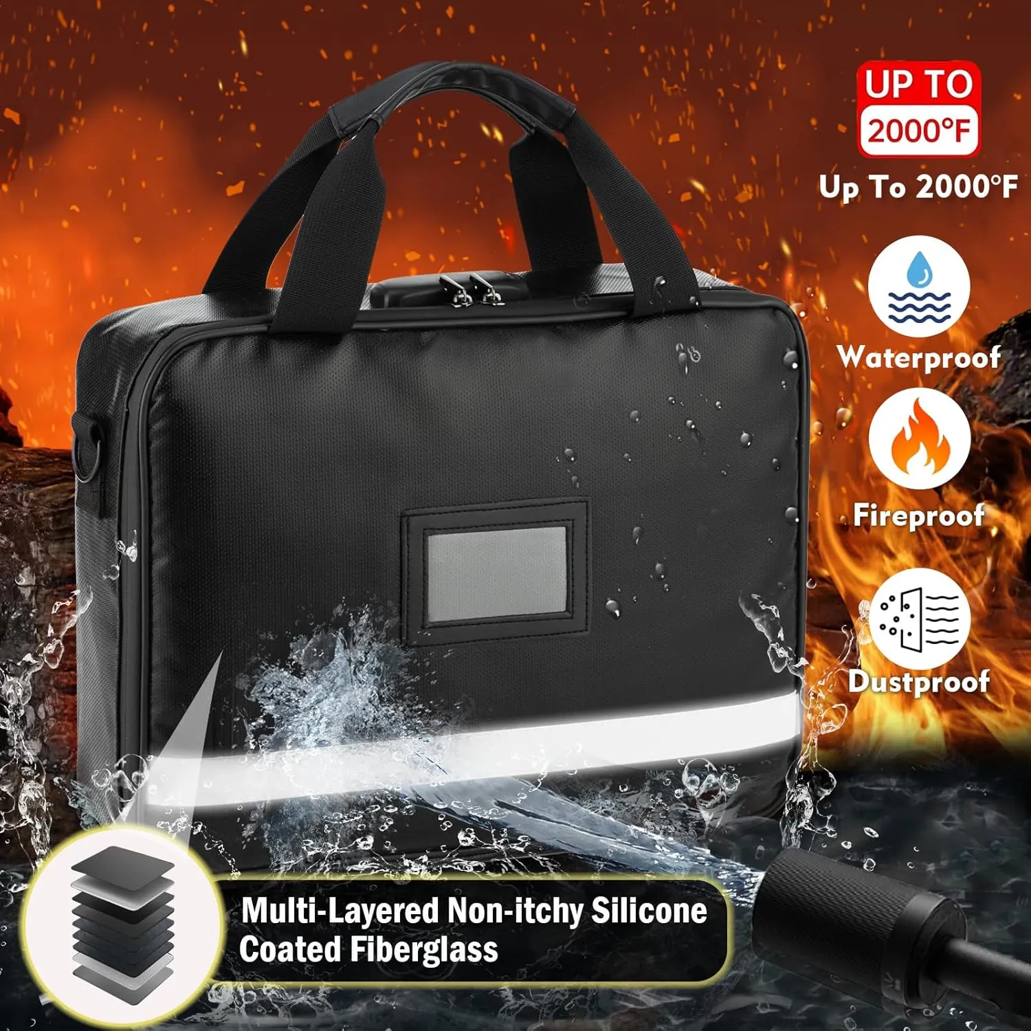 Fireproof Document Box with Lock, File Organizer Bag with 2000℉ Heat Insulated, Portable Waterproof Safe Storage Box, Multi-Layer Document Bag for 16 inch Laptop Important Documents,Files and More