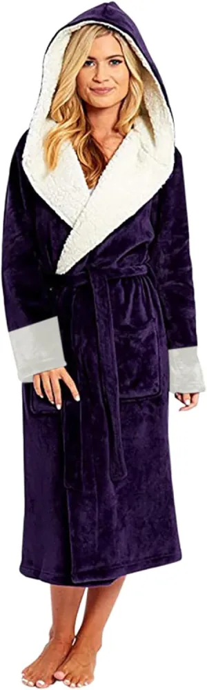 Flannel Robe Women Long Womens Hooded Robe with Pockets Ribbed Robe Women Mens Winter House Robe