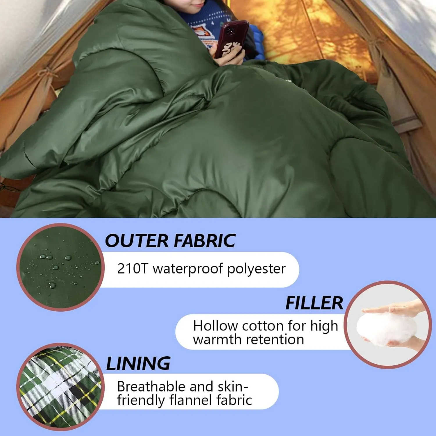 Flannel Sleeping Bag Cotton 0 Degree Cold Weather for Adults XXL Wearable Sleeping Bag 4 Seasons Waterproof with Compression Sack