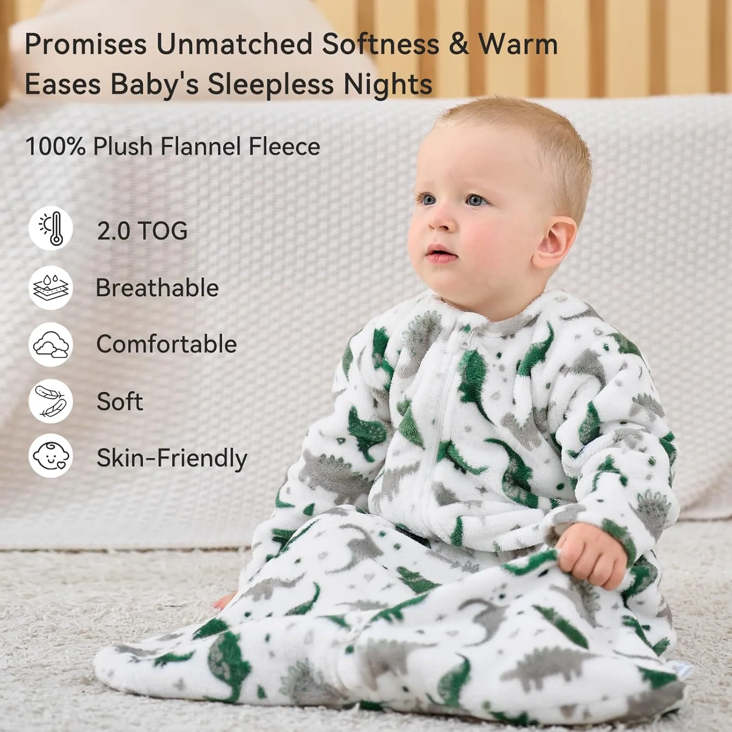 Fleece Baby Sleep Sack 18-24 Months Long Sleeve 2.0 Tog Baby Wearable Blanket with 2-Way Zipper Warm Sleeping Sack for Toddler Infant - XLarge Grey White Dinosaur