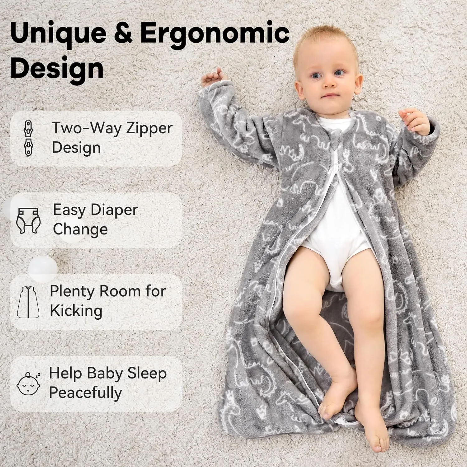 Fleece Baby Sleep Sack 18-24 Months Long Sleeve 2.0 Tog Baby Wearable Blanket with 2-Way Zipper Warm Sleeping Sack for Toddler Infant - XLarge Grey White Dinosaur