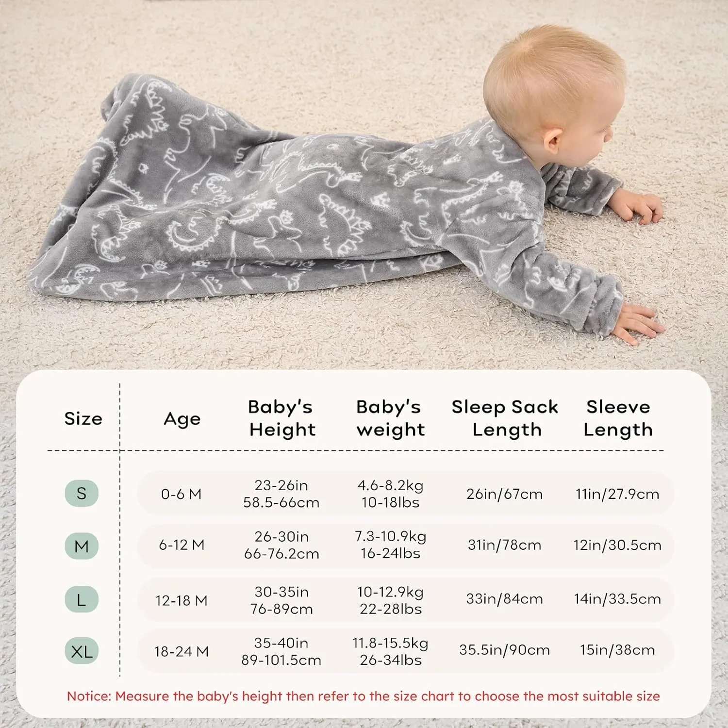 Fleece Baby Sleep Sack 18-24 Months Long Sleeve 2.0 Tog Baby Wearable Blanket with 2-Way Zipper Warm Sleeping Sack for Toddler Infant - XLarge Grey White Dinosaur