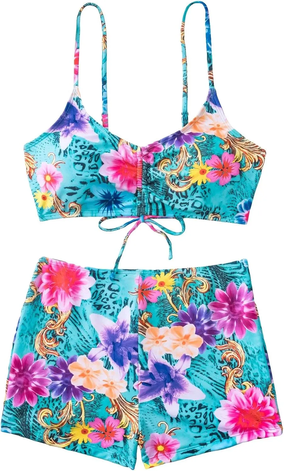 Floerns Women's Tie Dye Ruched Bikini Sets 2 Piece Bathing Suit High Waist Swimsuit with Shorts