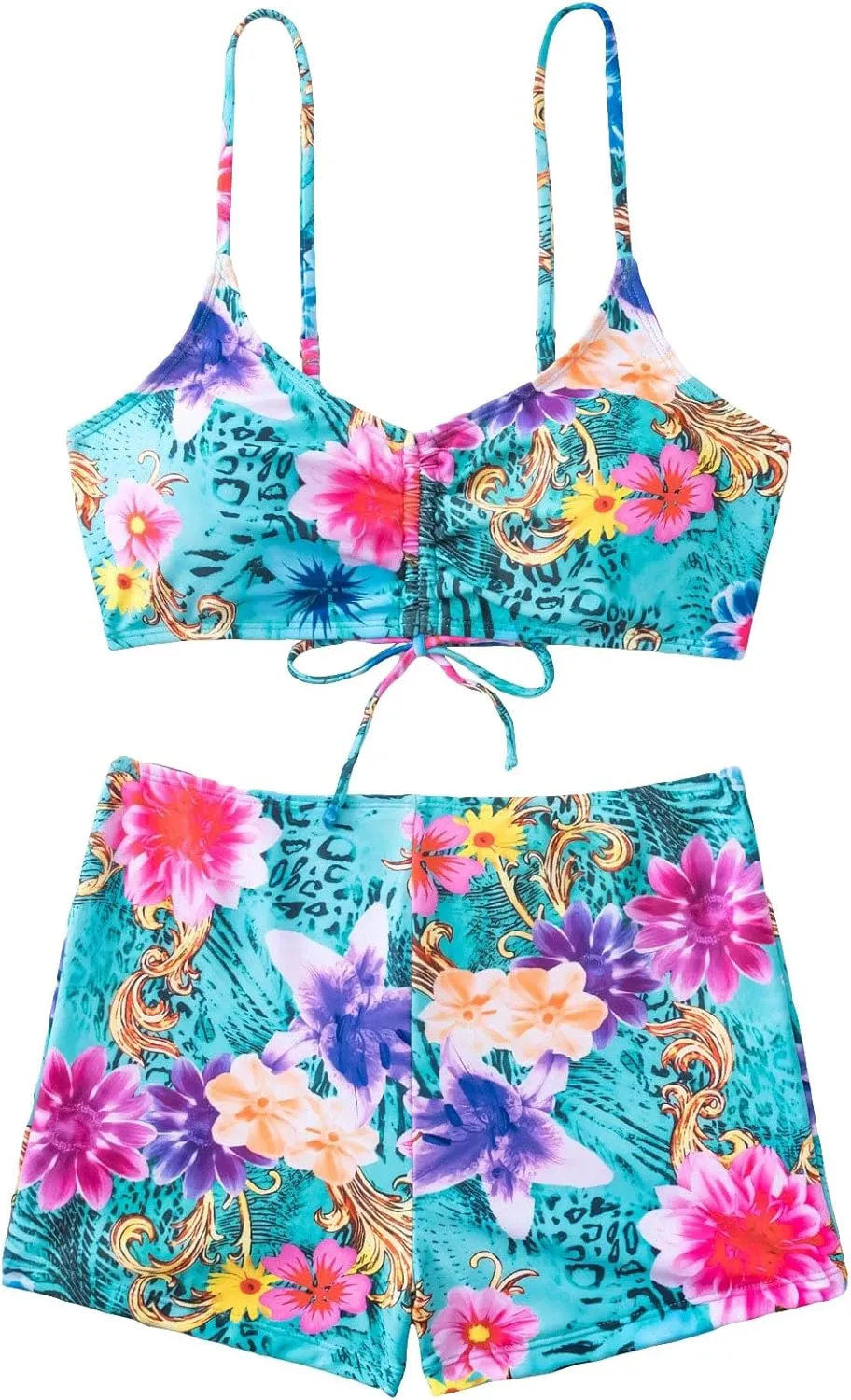 Floerns Women's Tie Dye Ruched Bikini Sets 2 Piece Bathing Suit High Waist Swimsuit with Shorts
