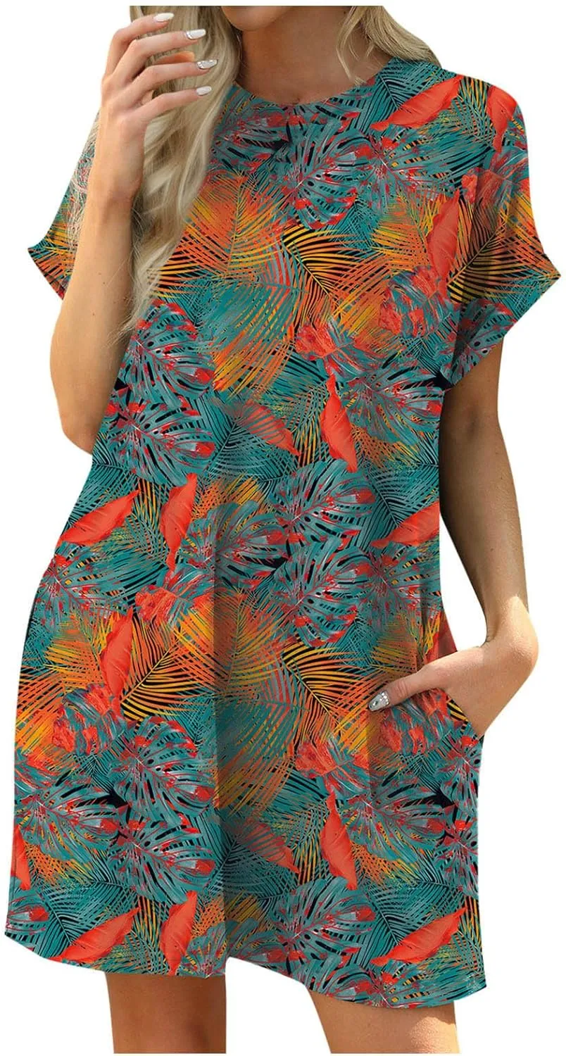 Floral Dress for Women Short Sleeve Crewneck Midi Dress Summer Boho Beach Vacation Sundress Resort Wear 2025