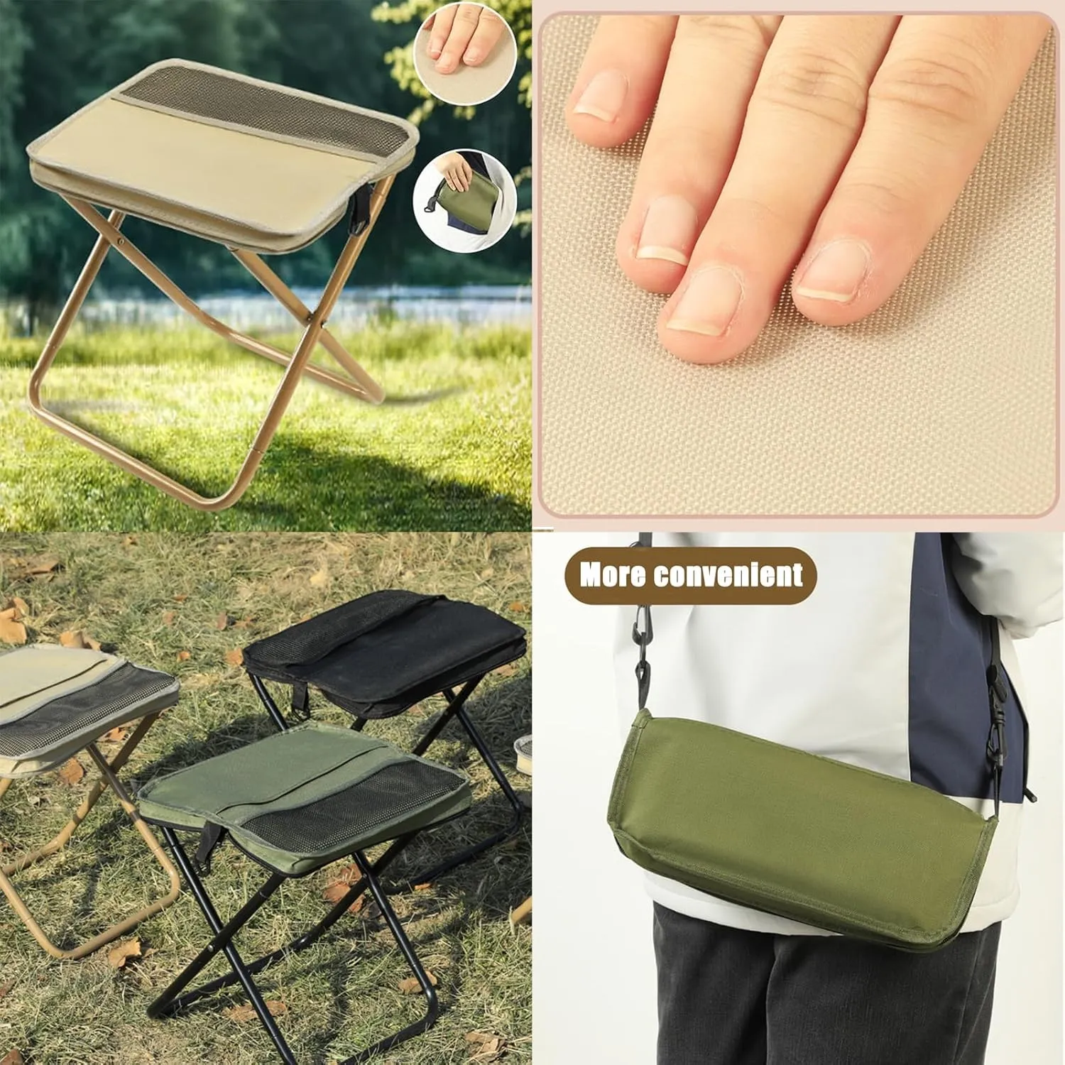 Foldable Backpack Stool, Mini Portable Camping Stools, Collapsible Chair, Carried by Hand or on The Shoulder with Two Pockets, for Camping, Fishing, Hiking, Outdoor (Black, L(12.20″ × 5.51″ × 1.97″))