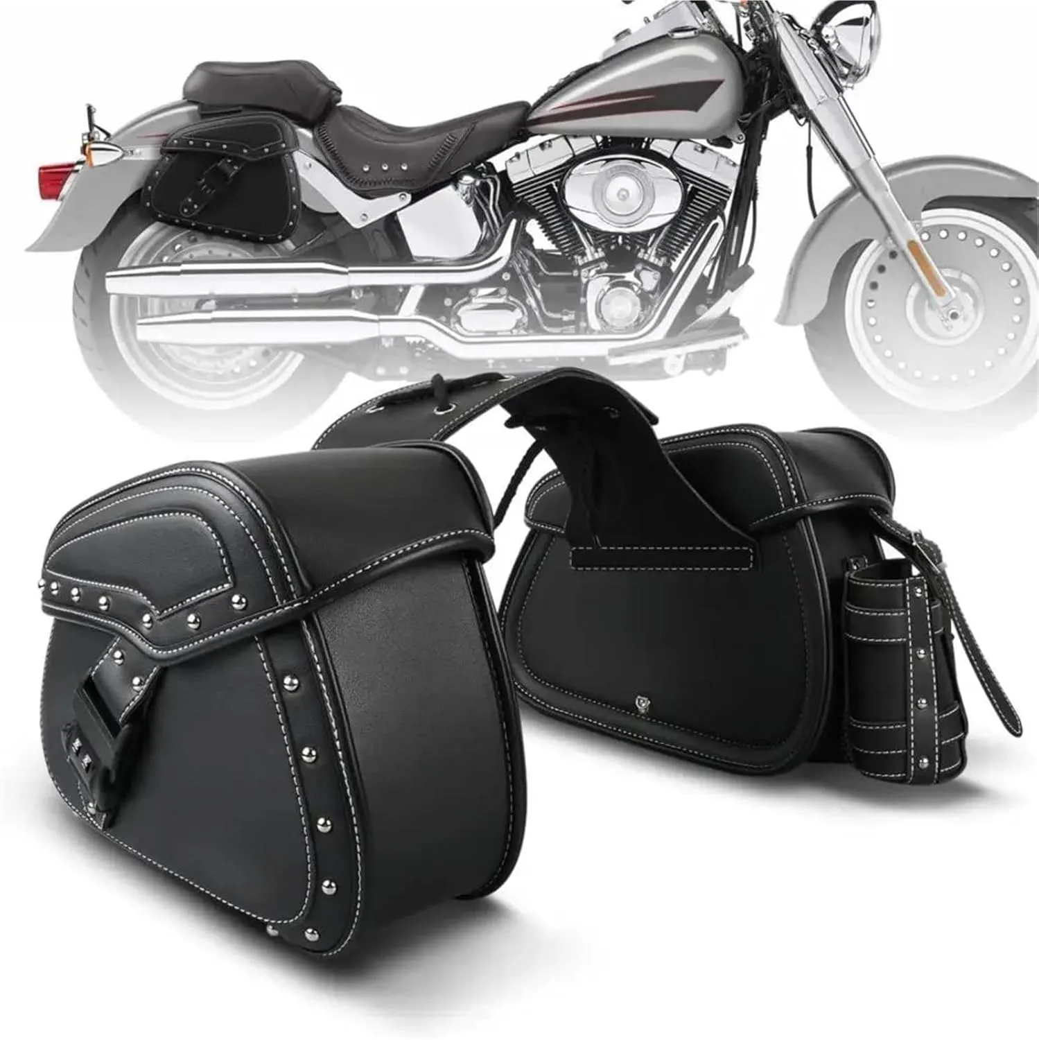 for Yam&aha V-Star 2013-2024 PU Leather Universal Motocycle Side Saddle Bags Saddlebags Luggage Panier 2Pcs Motorcross Accessories Anti-Theft Lock(Black)