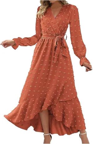 Formal Dresses for Women 2024 Elegant Sexy Long Sleeve Wrap V Neck Bohemian Dress Causal Tie Waist Asymmetrical Dress