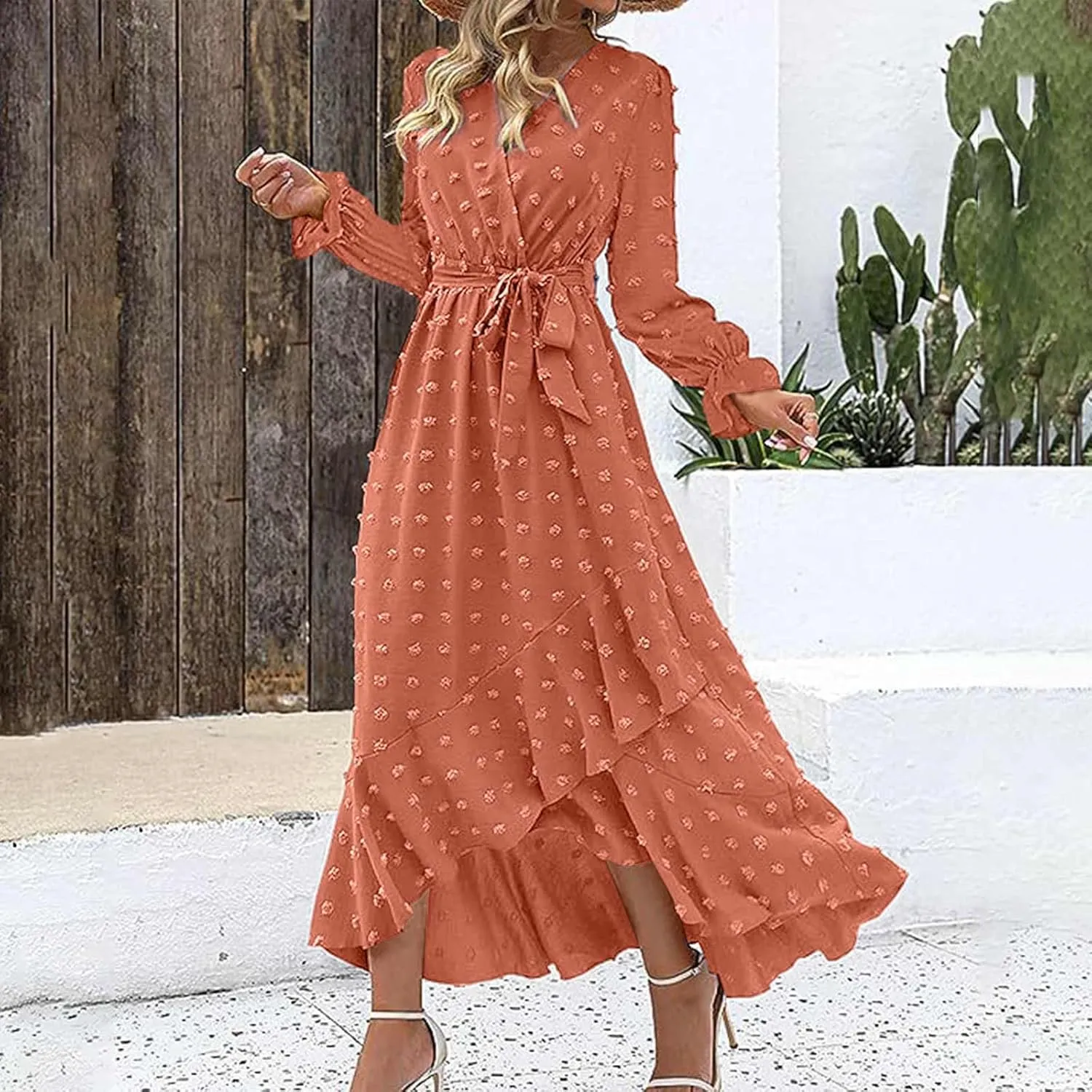 Formal Dresses for Women 2024 Elegant Sexy Long Sleeve Wrap V Neck Bohemian Dress Causal Tie Waist Asymmetrical Dress