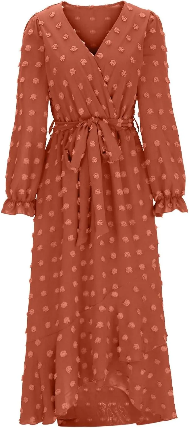 Formal Dresses for Women 2024 Elegant Sexy Long Sleeve Wrap V Neck Bohemian Dress Causal Tie Waist Asymmetrical Dress
