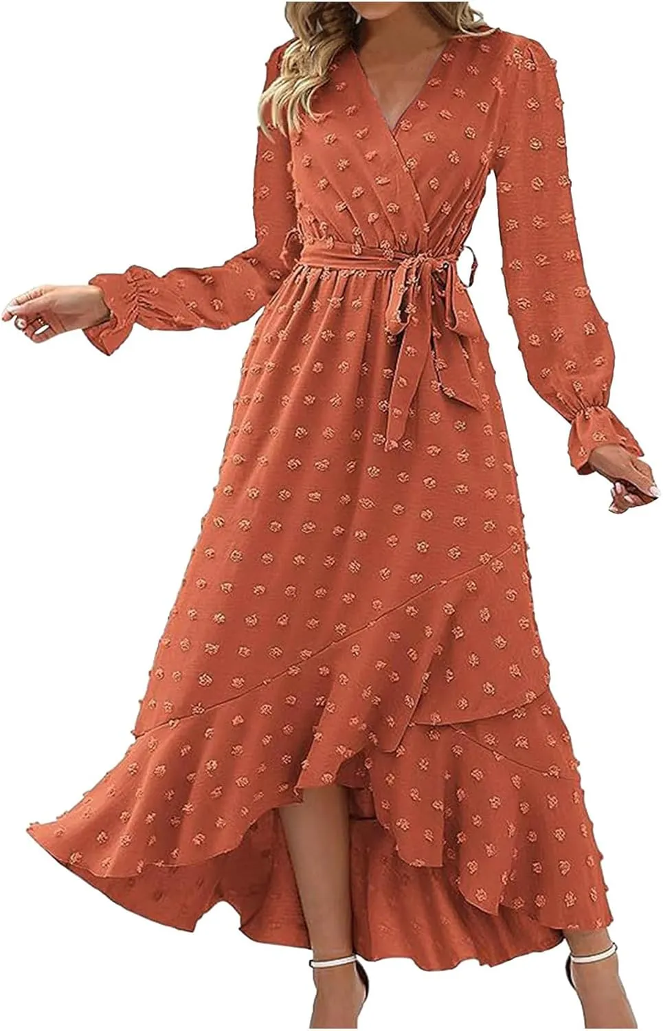 Formal Dresses for Women 2024 Elegant Sexy Long Sleeve Wrap V Neck Bohemian Dress Causal Tie Waist Asymmetrical Dress