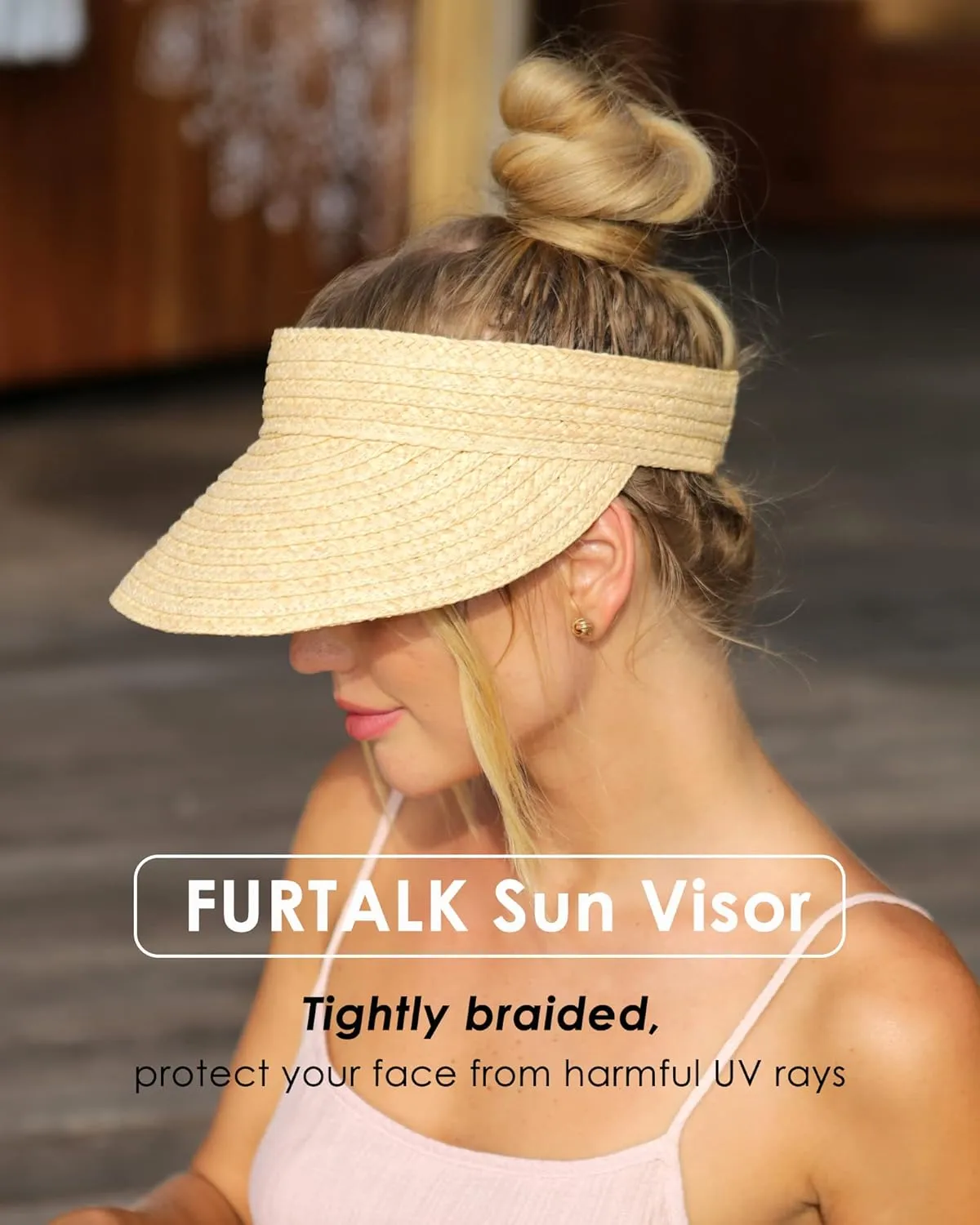FURTALK Sun Visor Hats for Women Wide Brim Straw Visors Womens Foldable Beach Visors Summer Packable Ponytail Beach Hat