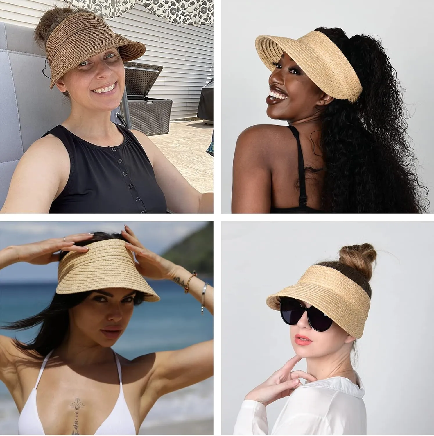FURTALK Sun Visor Hats for Women Wide Brim Straw Visors Womens Foldable Beach Visors Summer Packable Ponytail Beach Hat