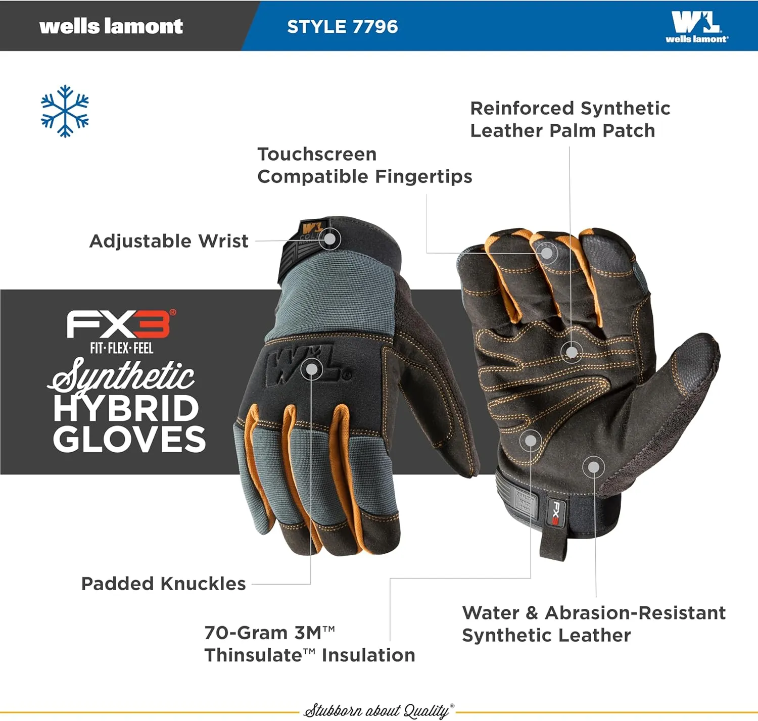 FX3 Men's Extreme Dexterity Extra Wear Winter Work Gloves, Gray Large (Wells Lamont 7796)