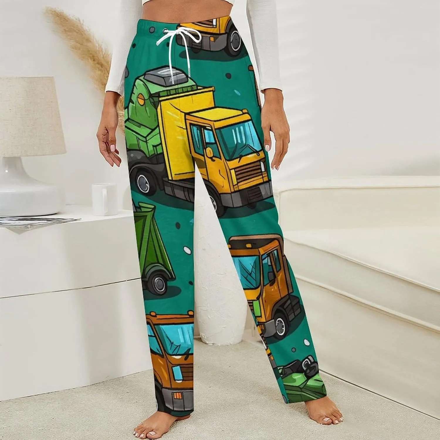 Garbage Truck Busy Day Women's Flannel Pajama Pants Drawstring Comfort Home Sleepwear Bottoms
