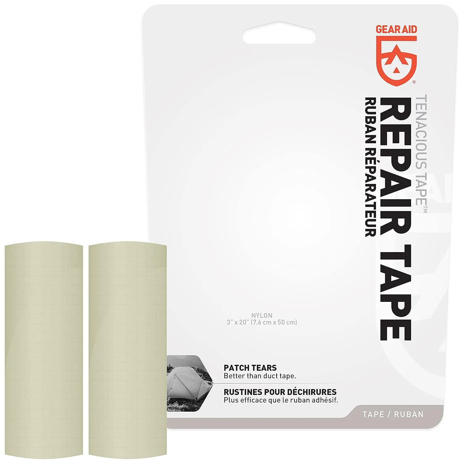 GEAR AID Tenacious Tape 3”x20” Fabric and Vinyl Gear Repair Tape, Quickly Fix Holes and Rips in Puffy Jackets, Rain and Snow Gear, Tents, Sleeping Bag and More, Off-White, 2 Pack