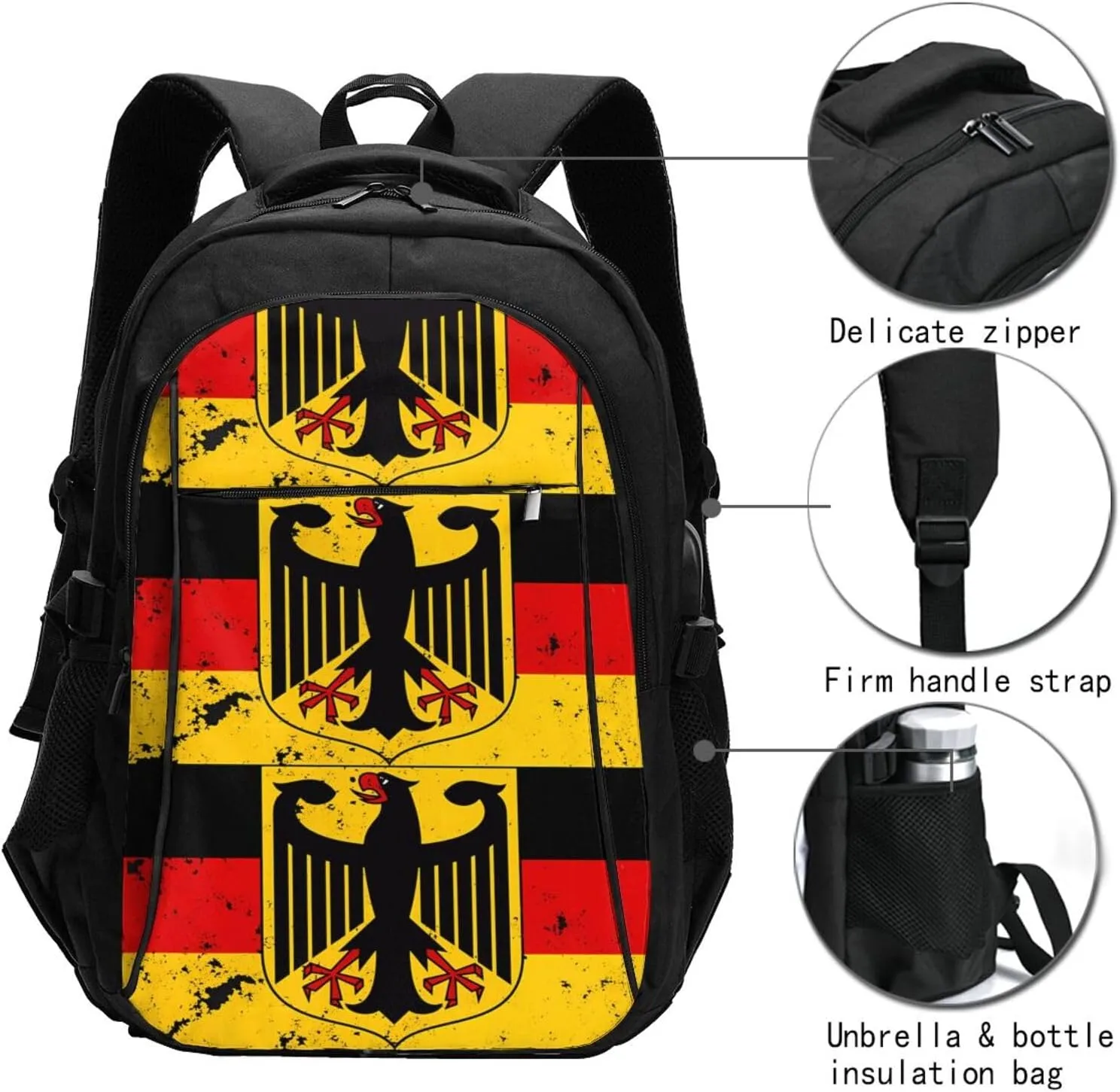 Germany Coat of Arms German Flag Travel Backpacks Casual Backpack Large Capacity Laptop Rucksack Luggage Daypacks with USB Charging Port Multi-Pockets Bags for Hiking