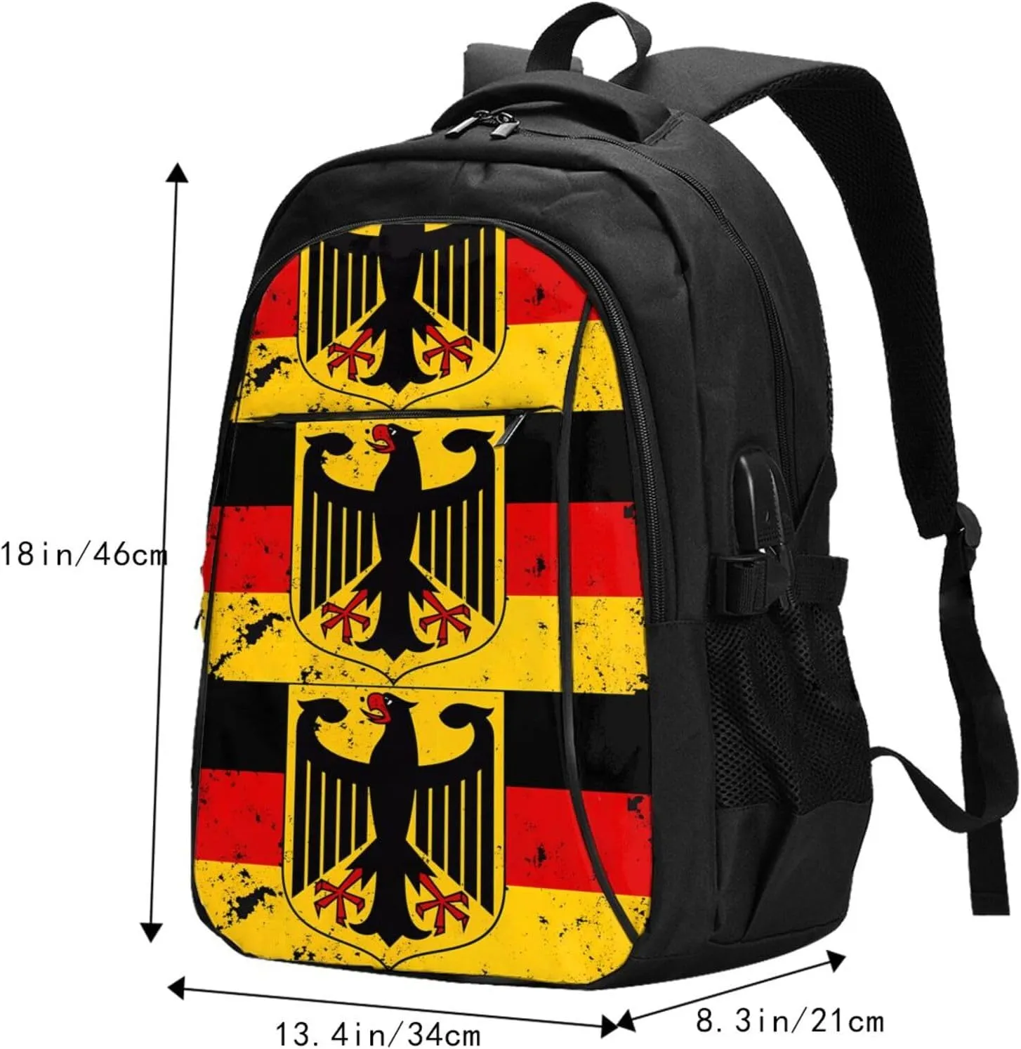 Germany Coat of Arms German Flag Travel Backpacks Casual Backpack Large Capacity Laptop Rucksack Luggage Daypacks with USB Charging Port Multi-Pockets Bags for Hiking