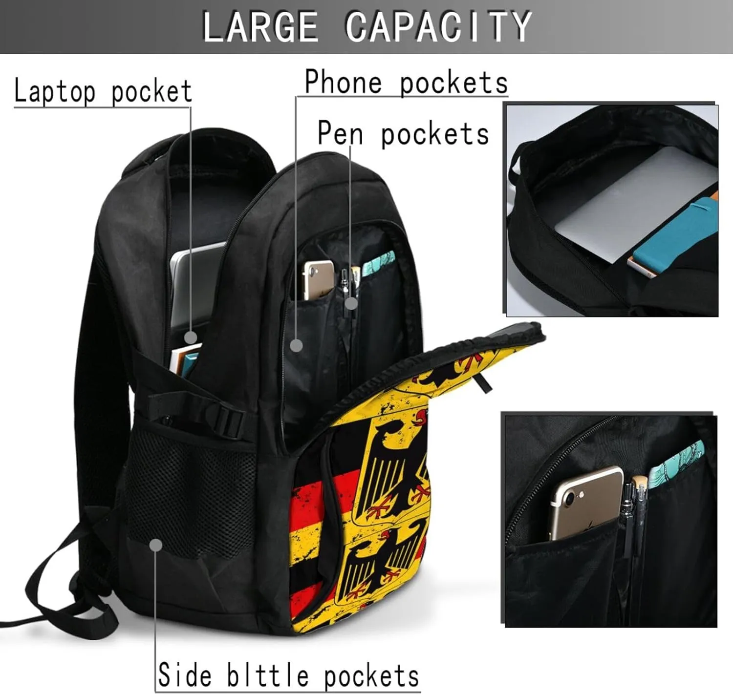 Germany Coat of Arms German Flag Travel Backpacks Casual Backpack Large Capacity Laptop Rucksack Luggage Daypacks with USB Charging Port Multi-Pockets Bags for Hiking