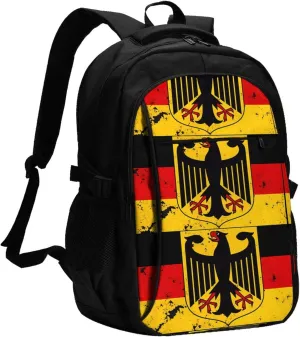 Germany Coat of Arms German Flag Travel Backpacks Casual Backpack Large Capacity Laptop Rucksack Luggage Daypacks with USB Charging Port Multi-Pockets Bags for Hiking