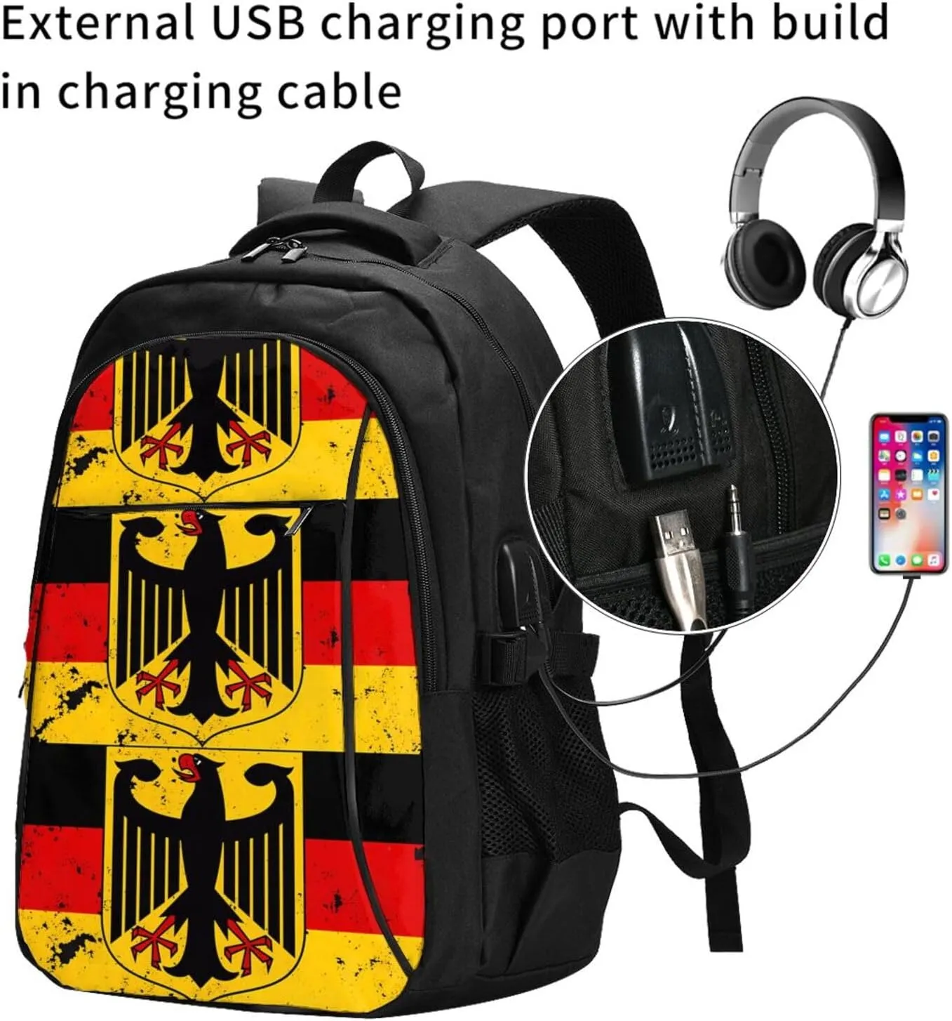 Germany Coat of Arms German Flag Travel Backpacks Casual Backpack Large Capacity Laptop Rucksack Luggage Daypacks with USB Charging Port Multi-Pockets Bags for Hiking