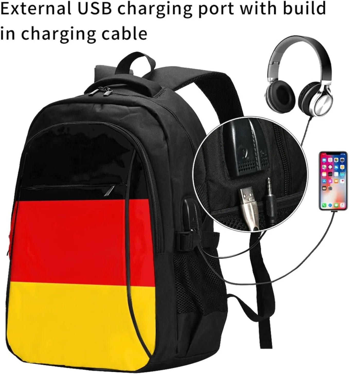 Germany Flag Travel Backpacks Casual Backpack Large Capacity Laptop Rucksack Luggage Daypacks with USB Charging Port Multi-Pockets Bags for Hiking