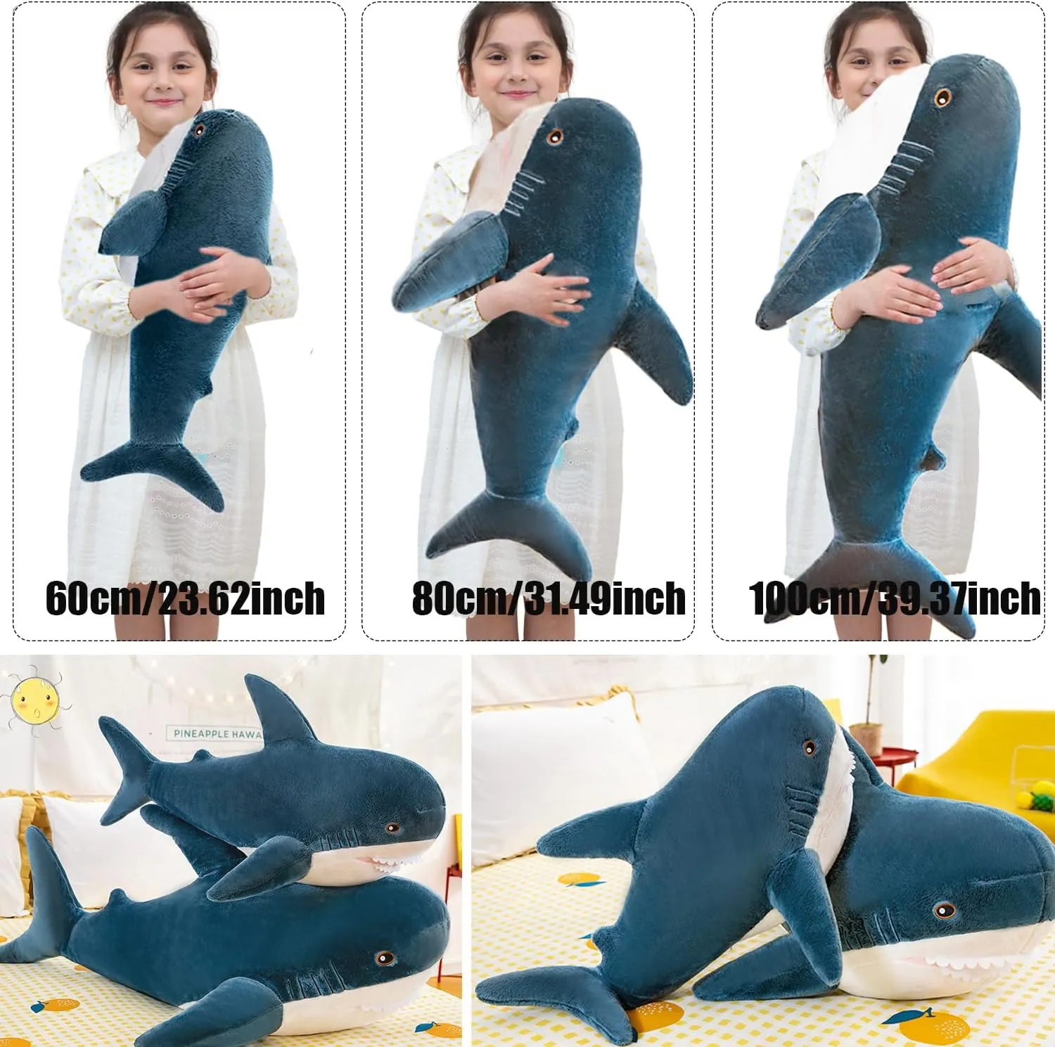Giant Shark Plush Pillow Soft Toy Stuffed Blue Shark Animal Pillow Comfortable Sleeping Pillow Back Cushion Doll Gift for Kids (Blue, 60cm/23.62inch)