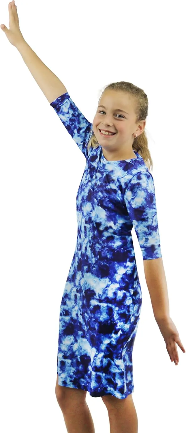 Girl Modest Tznius 3/4 Sleeve Swimdress, Beach Cover up UPF 50  Sun Protection