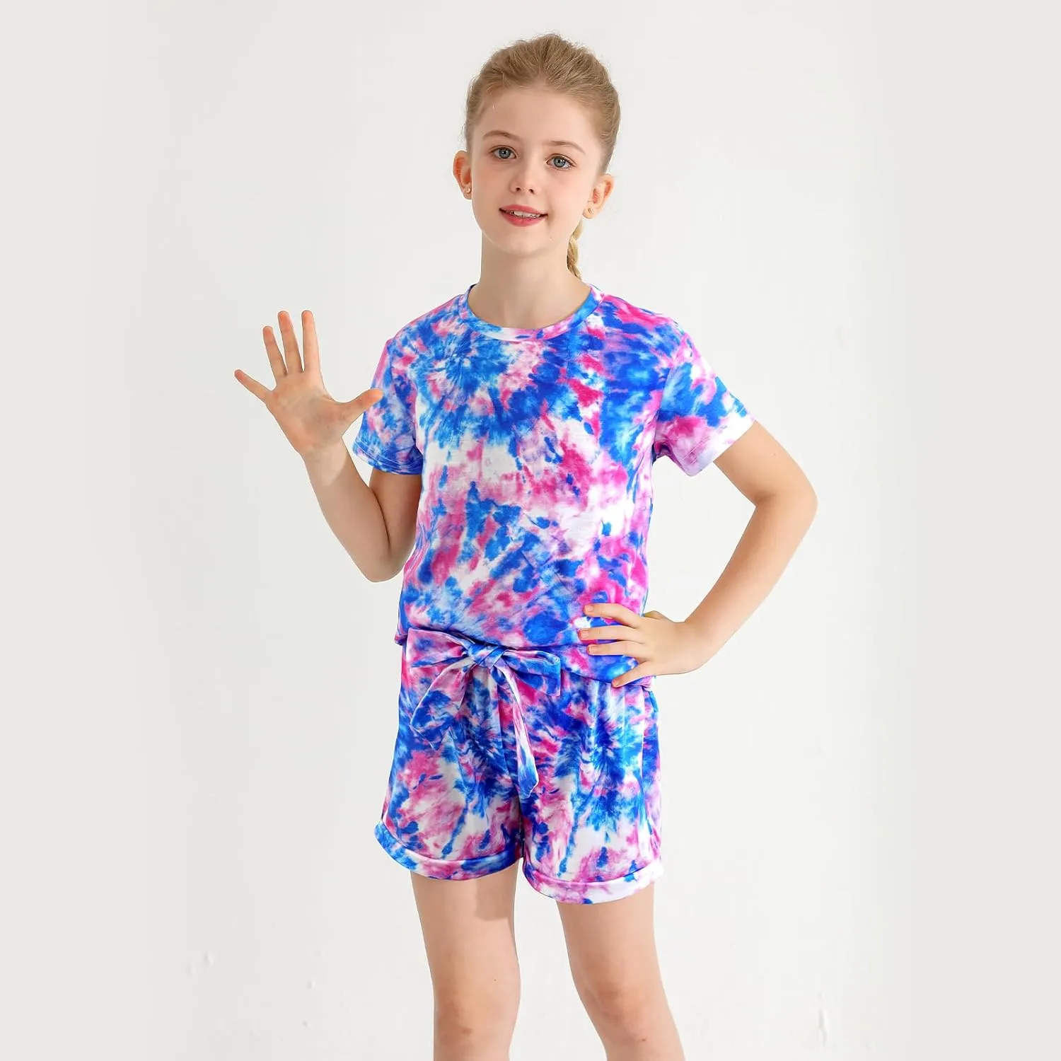 Girls Clothes Two Piece Tie Dye Summer Vacation Outfits Clothing Shirt and Shorts Matching Sets for Girls 4-13 Years