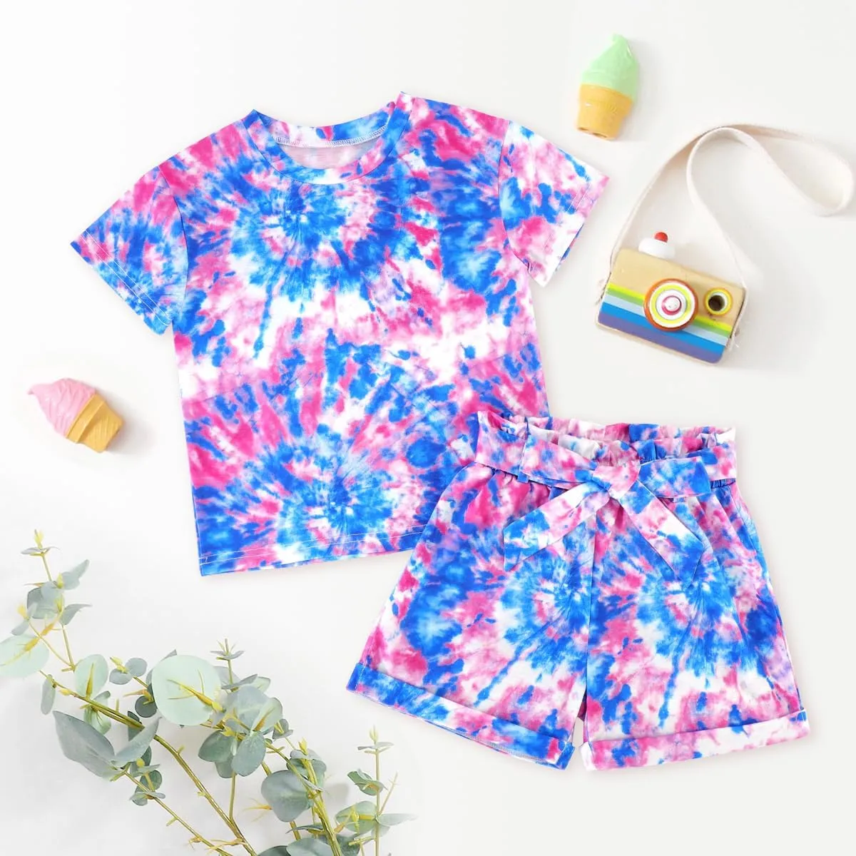 Girls Clothes Two Piece Tie Dye Summer Vacation Outfits Clothing Shirt and Shorts Matching Sets for Girls 4-13 Years